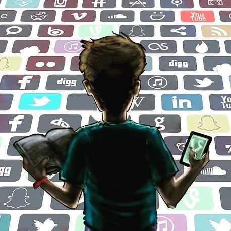 Boy holding phone and book, facing social media icons